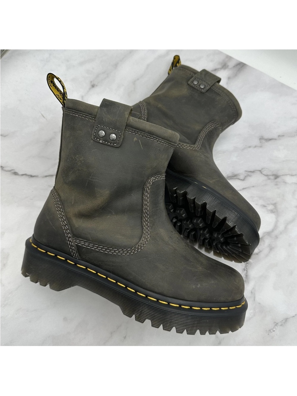 Dr. Martens Distressed Anistone Lo Biker Boots Brown Leather Platform Lug Sole - Picture 5 of 13